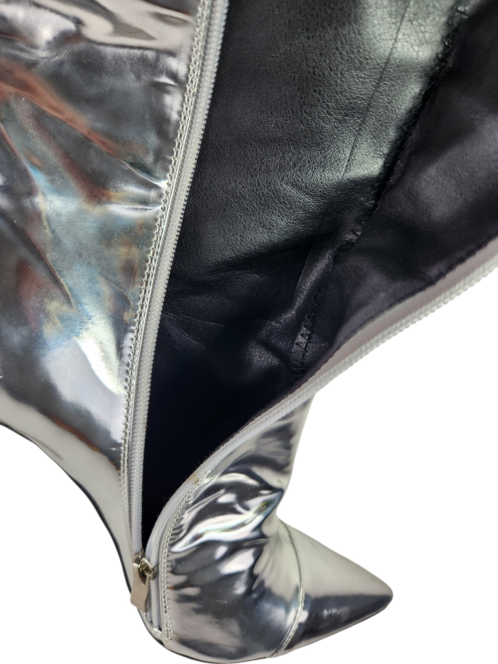 Silver Metallic Knee-High Stiletto Boots Size 38 Pointed Toe Futuristic Space 8 - Picture 13 of 16